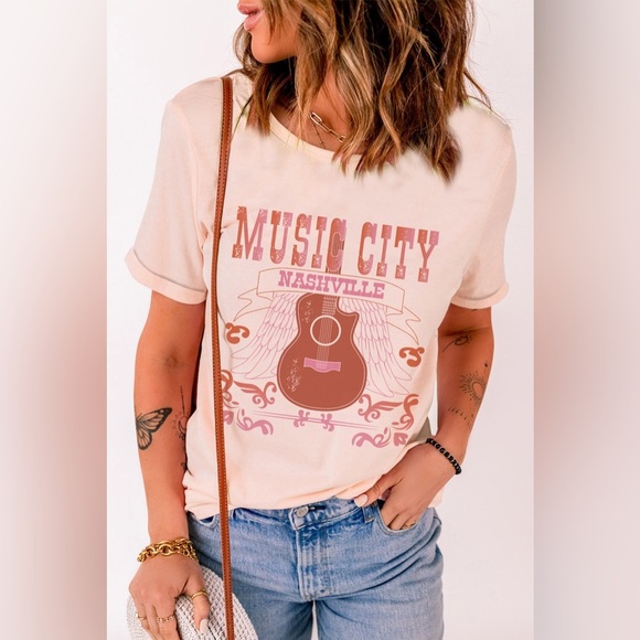 MUSIC CITY Cuffed Short Sleeve Tee Peach - Picture 2 of 4
